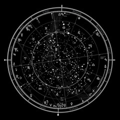 Astrological Celestial Map of The Northern Hemisphere. The General Global Universal Horoscope on January 1, 2020 (00:00 GMT). Detailed chart with symbols and signs of Zodiac, planets, asteroids & etc.