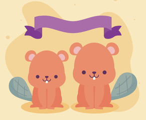 Cute beavers cartoons vector design