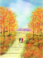 Obraz premium Couple: mother and daughter walk along the alley of the autumn park. Color digital illustration with free space for your notes. Golden autumn. Postcard, picture, packaging, poster. Raster illustration