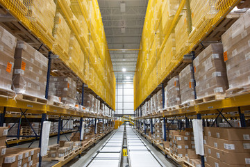 boxes on racks at pharmaceutical distribution warehouse