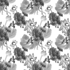 Lotus flower pattern. Lotus, ink image. Handmade ink lotus flowers on a white background. Sumi-e traditional Japanese ink painting.