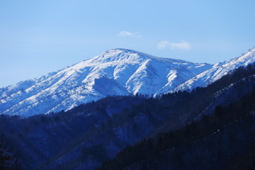 日本の冬　檜枝岐村　伊南川の雪景色　長道橋より会津駒ヶ岳を望む　