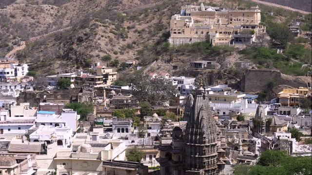 tilt up clip of ganesh temple and badrinath temple from amer fort in jaipur, india