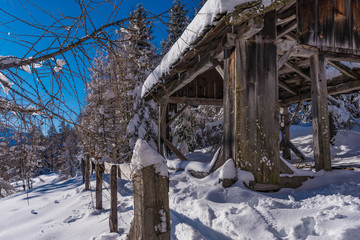 old wooden barn in winter