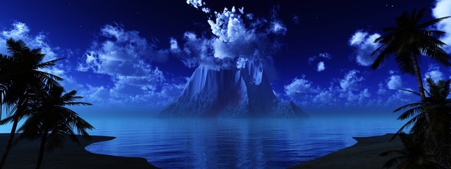 Volcano in the sea in the tropics, volcanic island view from the beach,  © ustas