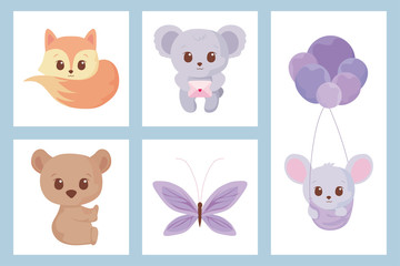 Cute animals cartoons icon set vector design