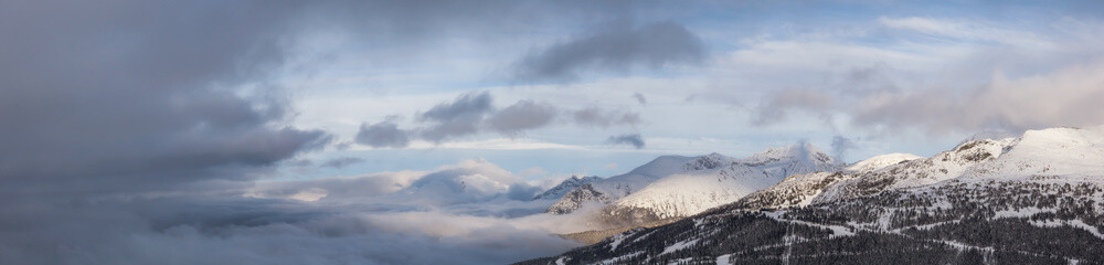 Whistler, British Columbia, Canada. Beautiful View of the Canadian Snow Covered Landscape with Blackcomb Mountain in Background during a cloudy and foggy winter day.