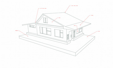 Technical drawing of a country cottage in 3D style with red pointers