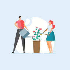 Romantic man and woman water and care for the love plant. Happy couple in love with skissors works in garden. Concept of love, valentines day, relations. Vector illustration in flat design