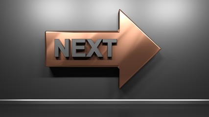 Metallic copper arrow with write NEXT, at a glossy black wall - 3D rendering illustration