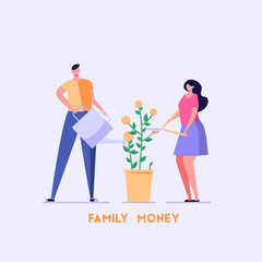 Obraz na płótnie Canvas Romantic man and woman water and care for money tree. Happy family or couple with skissors works in garden. Concept of family money, money growing, family bussines. Vector illustration in flat design