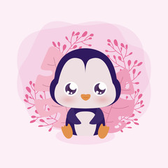 kawaii penguin cartoon with leaves vector design
