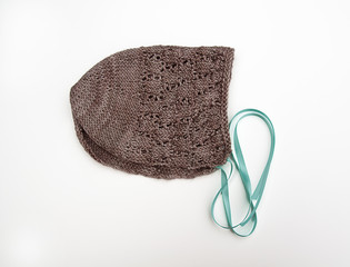Taupe knit baby bonnet