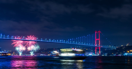 ISTANBUL, TURKEY. New Year 2020 Celebrations Around the Istanbul. Fireworks with Istanbul Bosphorus Bridge (15th July Martyrs Bridge). .