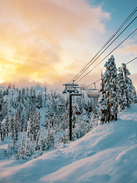 Ski Resort Opening Day with fresh snow and orange ski