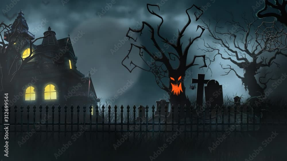 Wall mural haunted house with tombstones and animated tree 4k loop features a landscape with a haunted house an