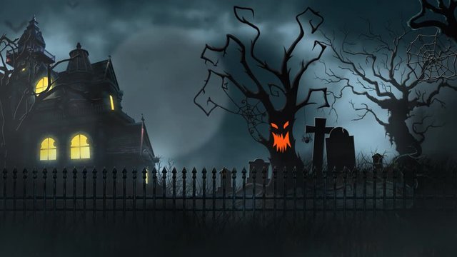 Haunted House with Tombstones and Animated Tree 4K Loop features a landscape with a haunted house and animated scary tree, full moon, clouds, and bats in a loop