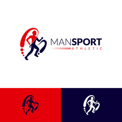 Running man silhouette logo with letter m, sports logo template, marathon vector illustration, initial letter m for your companies name