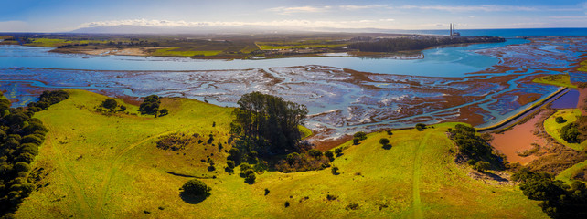 Aerial Panoramic View of Elkhorn Slough, Moss Landing, California. Elkhorn Slough is a 7-mile-long tidal slough and estuary on Monterey Bay in Monterey County, California. 