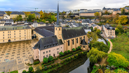 Aerial view of the Neumunster Abbey in the UNESCO World Heritage Site, old town of Luxembourg with its ancient wall