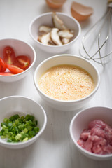 Food ingredients for making minced pork omelette in Thai style