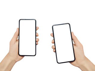 Man hand holding smartphone isolated on white background.