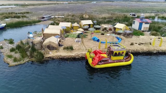 Drone of Uros Floating Islans over Titicaca lake, Peru