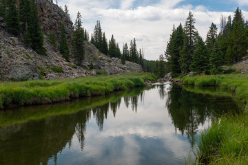 river in mountains with pine reflections