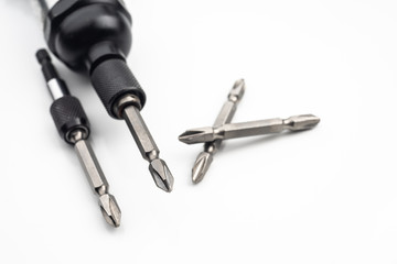 old Magnetic Impact Screwdriver Drill Bits on white background