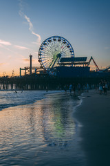 The Santa Monica Pier at sunset, in Los Angeles, California