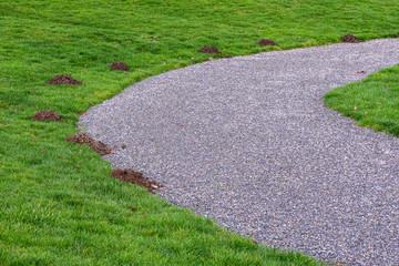 Wide gravel path curved through grass and lined by mole hills