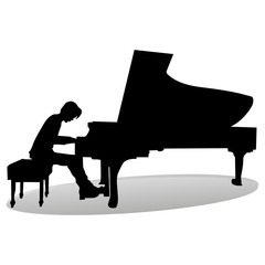 Silhouette of a pianist at the piano playing, close up on a white background