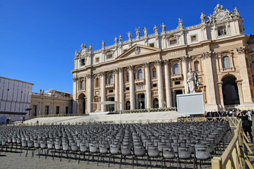 Obraz premium Empty chairs set up for a papal audience in front of St. Peter's Basilica, Vatican City, Rome