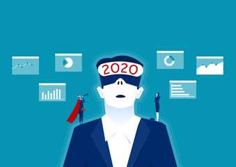 2020 businessman wearing virtual reality in modern coworking studio,vision plan business for future concept illustrator.