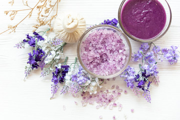 Spa treatment and product for female spa lavender flower with candle relax and wellness mood.  select focus, Thailand. Healthy Concept