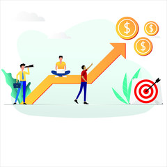 Business concept of sales growth and profit increasing. Sales manager and accounting are focus and looking to a group of yellow coin and officer guy is working on sales promotion on his laptop.