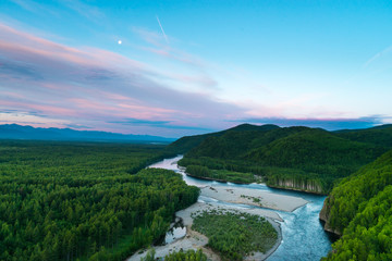 Mountain River Valley Amgun. Khabarovsk Krai in the Russian Far East. Amgun river views of the beautiful.