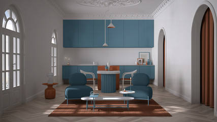 Colored lounge, living room and kitchen in classic room with stucco molded walls and parquet floor. Island with chairs, armchairs with table, carpet. Blue and orange interior design