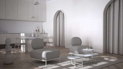 Fototapeta premium Luxury lounge, living room and kitchen in classic room with stucco molded walls and parquet floor. Island with chairs, armchairs with table and carpet. White interior design