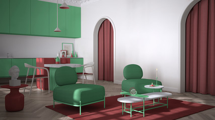Colored lounge, living room and kitchen in classic room with stucco molded walls and parquet floor. Island with chairs, armchairs with table and carpet. Red and green interior design
