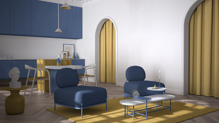 Colored lounge, living room and kitchen in classic room with stucco molded walls and parquet floor. Island with chairs, armchairs with table, carpet. Yellow and purple interior design