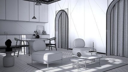 Unfinished project draft, luxury lounge, living room and kitchen in classic room with stucco molded walls and parquet floor. Island with chairs, armchairs with coffee table and carpet