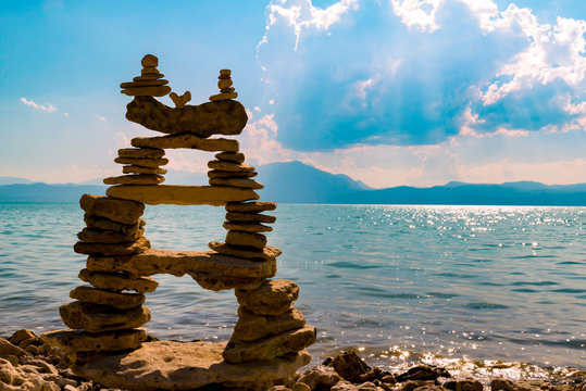 Zen stones in harmony with a relaxing and therapeutic landscape