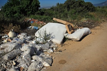 Illegal garbage dump across forest road
