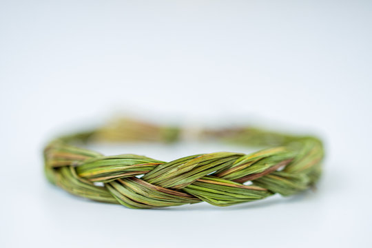 Close up of middle of green fresh sweetgrass braid tied in a circle isolated on white background