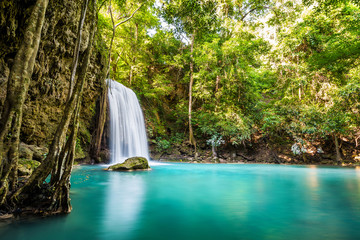 Waterfall and blue emerald water color in Erawan national park. Erawan Waterfall Step 3rd Wang Na...