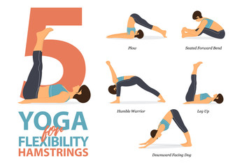 Infographic of 5 Yoga poses for hamstrings flexibility in flat design. Beauty woman is doing exercise for body stretching. Set of yoga sequence Infographic.  Vector Illustration.