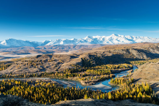 Beautiful valley of the Chuya River near the village of Aktash. Altai Republic district of Ulagan River Chuya.