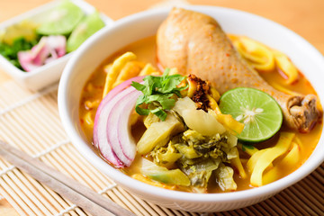 Northern Thai food (Khao Soi Kai), spicy egg noodles soup with chicken	
