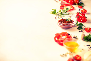 Homemade sauce adjika with pepper, garlic, tomatoes and parsley. Selective focus. Copy space